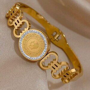 Elegant 18k Gold Plated Bangle Bracelet with Coin Design, Zircon Inlay